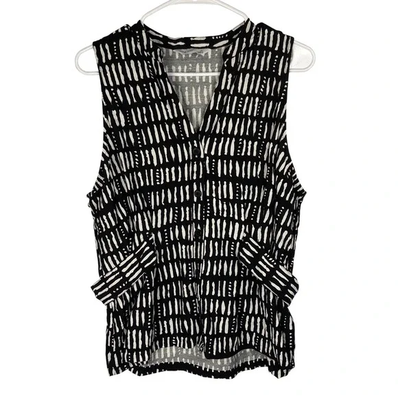 Nine West Womens XL Black White Abstract Dash Print Sleeveless Button Front Top - Picture 1 of 9
